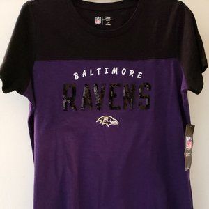 NEW WITH TAGS!! NFL WOMEN RAVENS TOP/ SEQUENCE LOGO/ PURPLE/BLACK/ SIZE LARGE